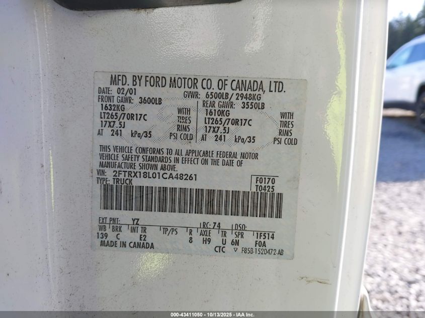 2001 Ford F-150 Lariat/Xl/Xlt VIN: 2FTRX18L01CA48261 Lot: 43411050