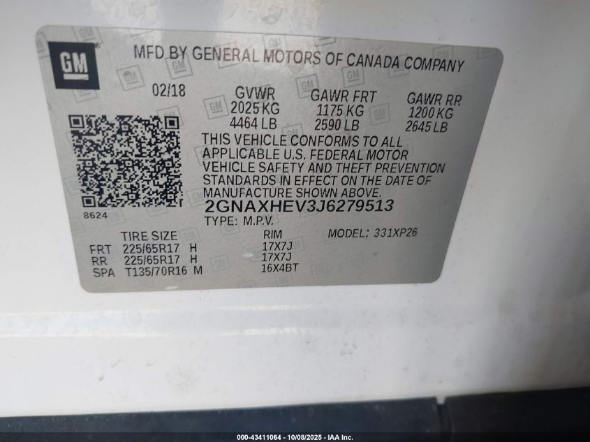 2018 Chevrolet Equinox Ls VIN: 2GNAXHEV3J6279513 Lot: 43411064