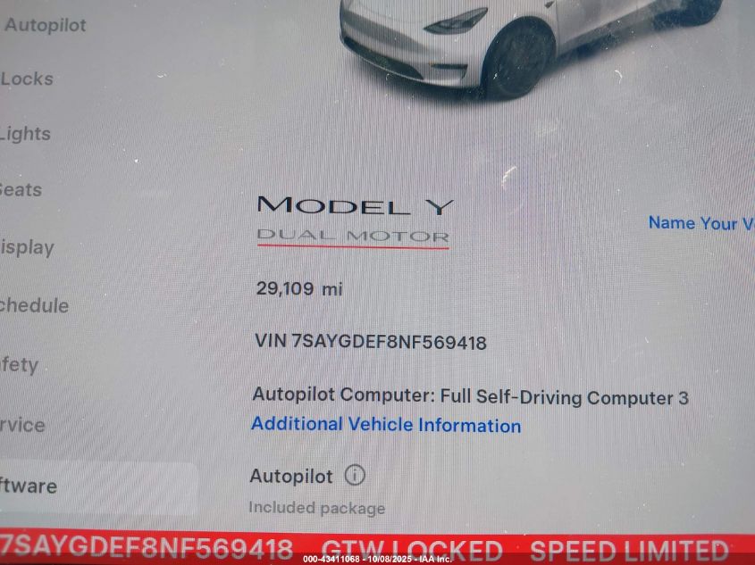 2022 Tesla Model Y Performance Dual Motor All-Wheel Drive VIN: 7SAYGDEF8NF569418 Lot: 43411068