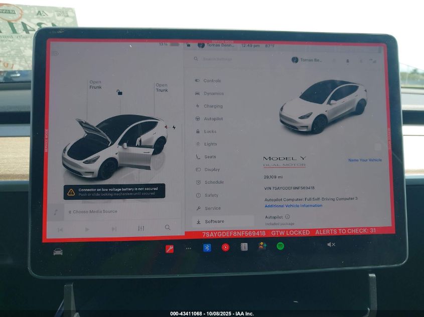 2022 Tesla Model Y Performance Dual Motor All-Wheel Drive VIN: 7SAYGDEF8NF569418 Lot: 43411068