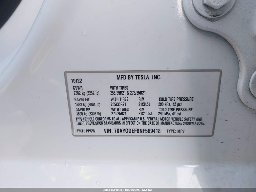 2022 Tesla Model Y Performance Dual Motor All-Wheel Drive VIN: 7SAYGDEF8NF569418 Lot: 43411068