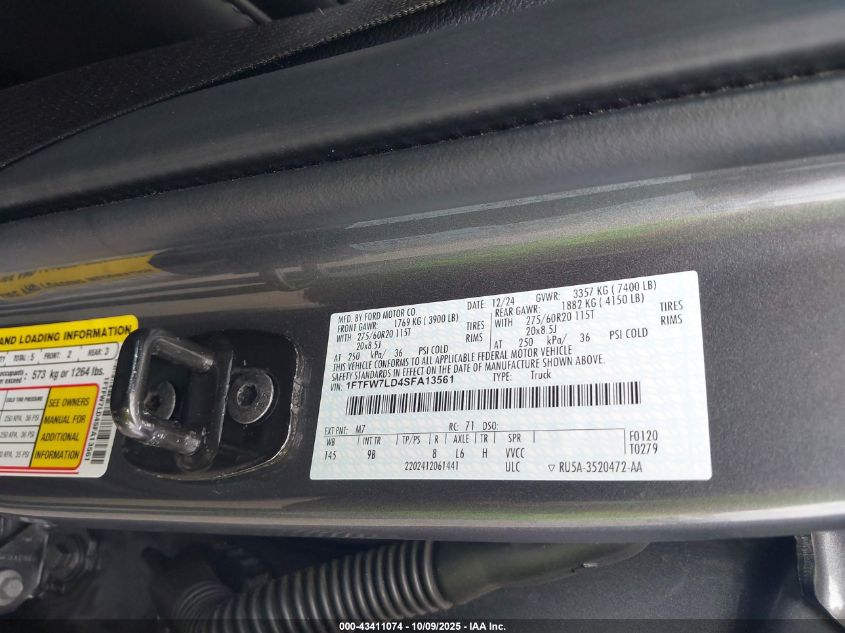 2025 Ford F-150 Platinum VIN: 1FTFW7LD4SFA13561 Lot: 43411074