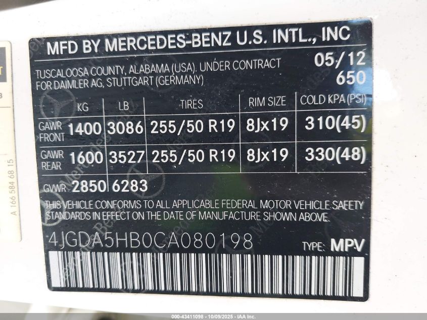 2012 Mercedes-Benz Ml 350 4Matic VIN: 4JGDA5HB0CA080198 Lot: 43411098
