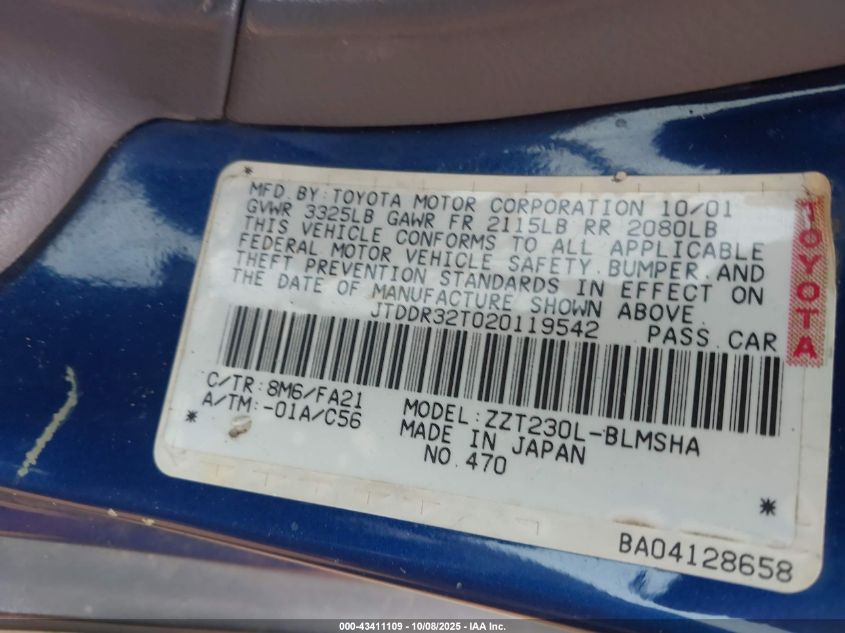 2002 Toyota Celica Gt VIN: JTDDR32T020119542 Lot: 43411109