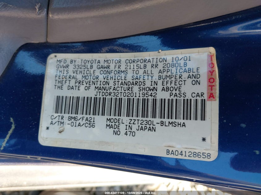 JTDDR32T020119542 2002 TOYOTA CELICA photo no. 9