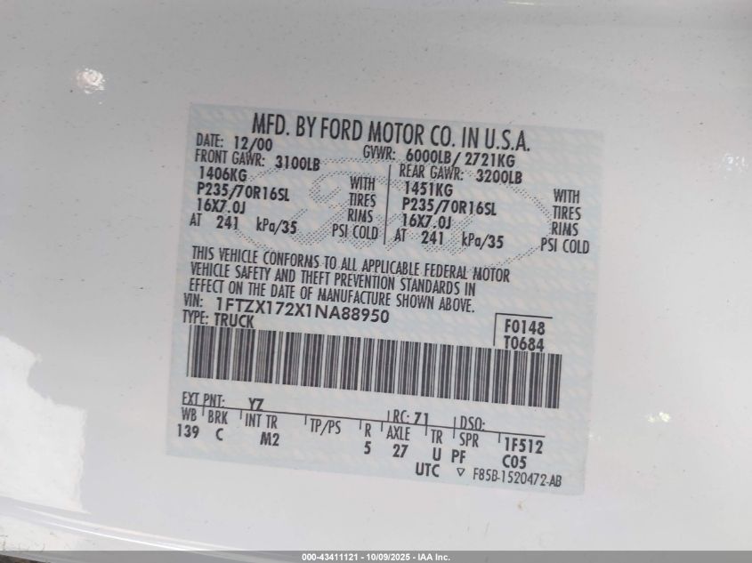 2001 Ford F-150 Xl/Xlt VIN: 1FTZX172X1NA88950 Lot: 43411121