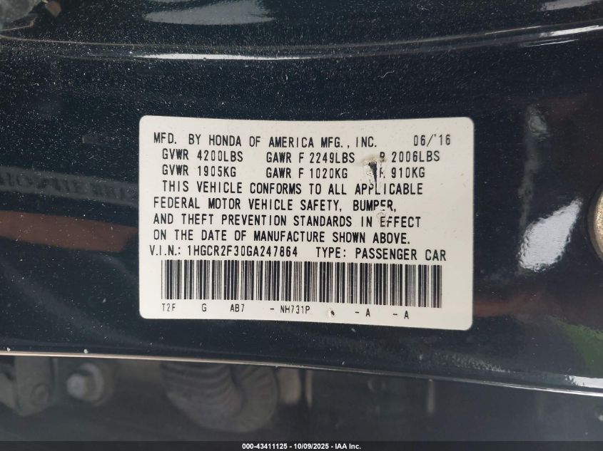2016 Honda Accord Lx VIN: 1HGCR2F30GA247864 Lot: 43411125