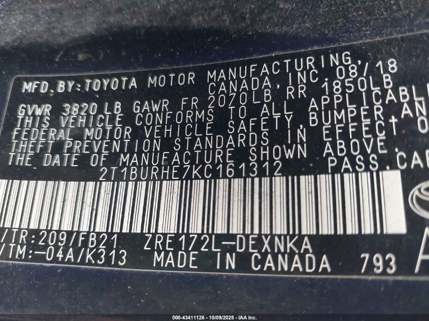 2019 Toyota Corolla Le VIN: 2T1BURHE7KC161312 Lot: 43411126