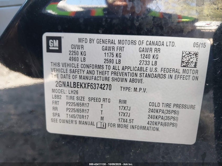 2015 CHEVROLET EQUINOX 1LT 2GNALBEKXF6374270