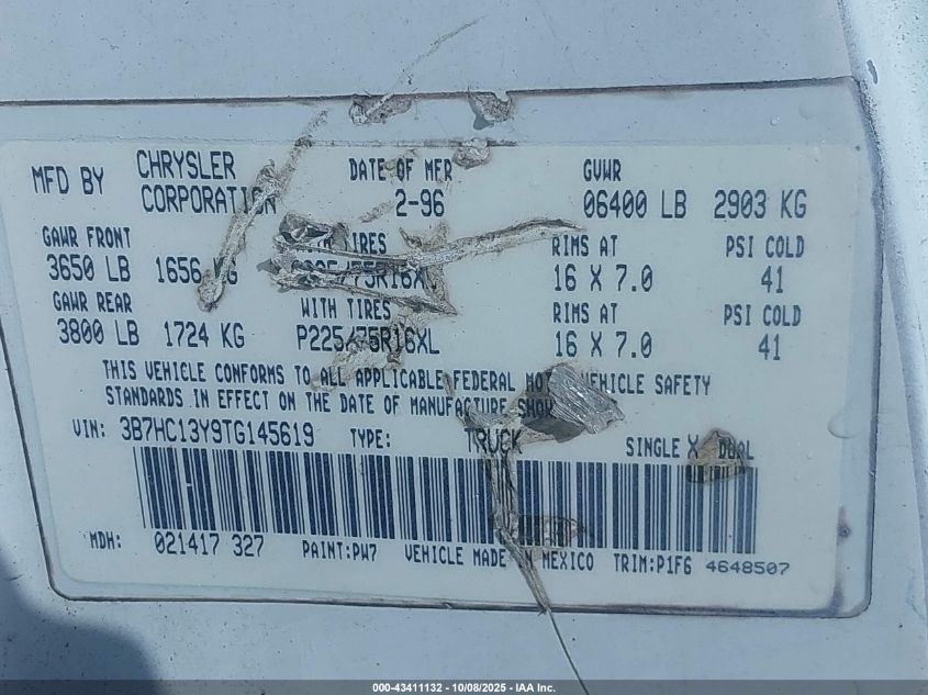 1996 Dodge Ram 1500 VIN: 3B7HC13Y9TG145619 Lot: 43411132