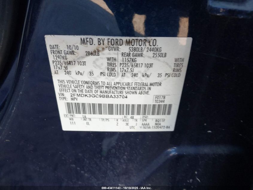 2011 Ford Edge Se VIN: 2FMDK3GC9BBA33704 Lot: 43411143