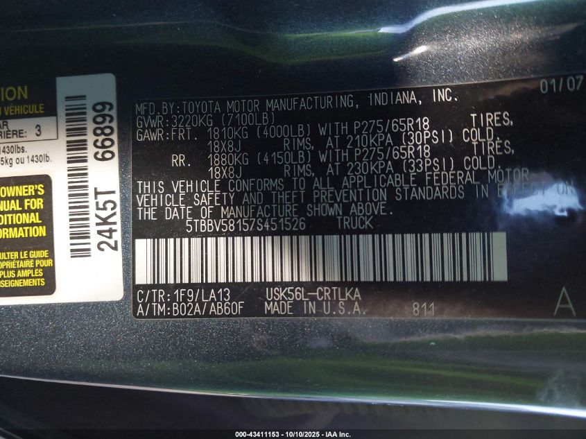 2007 Toyota Tundra Limited 5.7L V8 VIN: 5TBBV58157S451526 Lot: 43411153