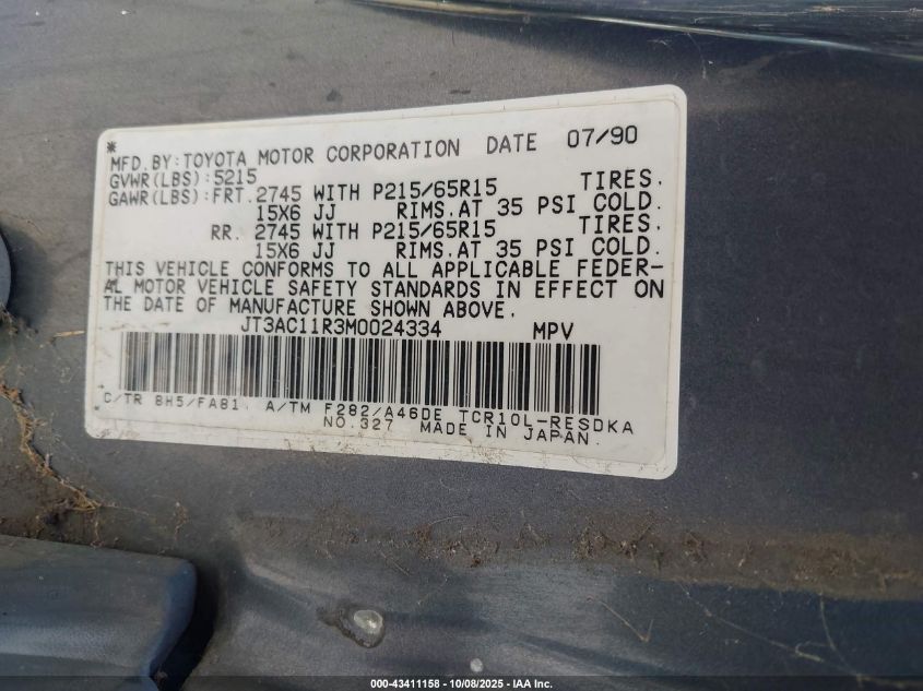 1991 Toyota Previa Dlx VIN: JT3AC11R3M0024334 Lot: 43411158