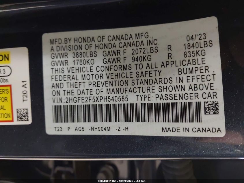 2023 Honda Civic Sport VIN: 2HGFE2F5XPH540585 Lot: 43411165