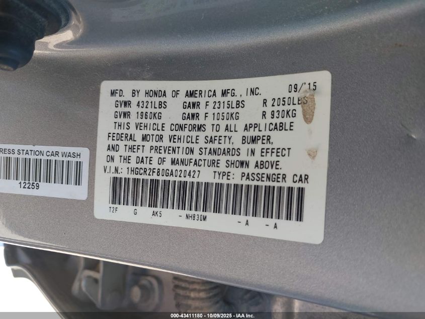 2016 Honda Accord Ex-L VIN: 1HGCR2F80GA020427 Lot: 43411180