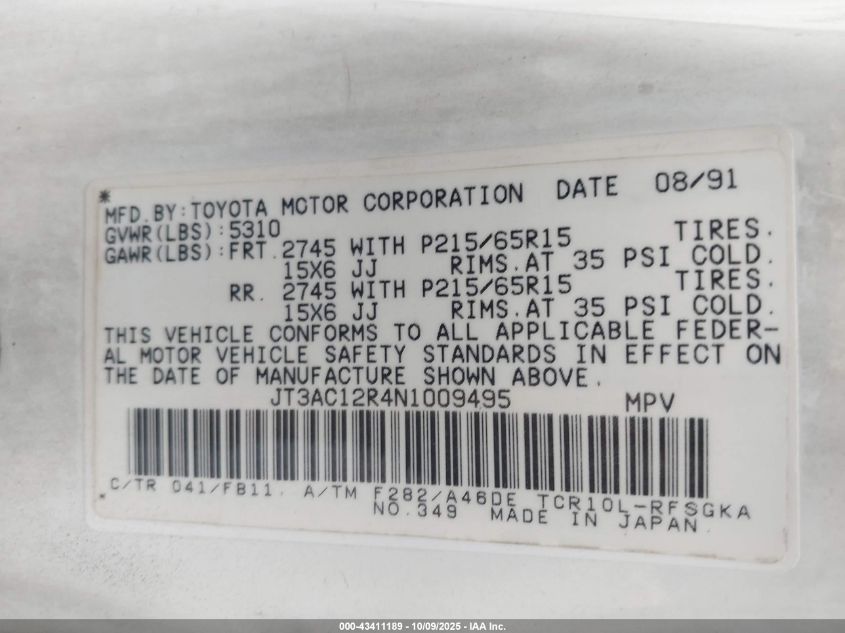 1992 Toyota Previa Le VIN: JT3AC12R4N1009495 Lot: 43411189