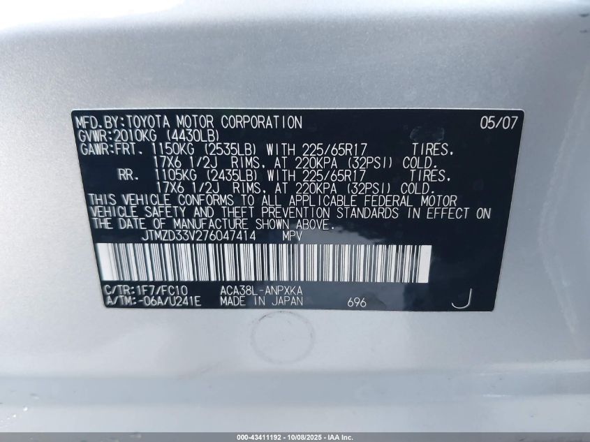 2007 Toyota Rav4 VIN: JTMZD33V276047414 Lot: 43411192