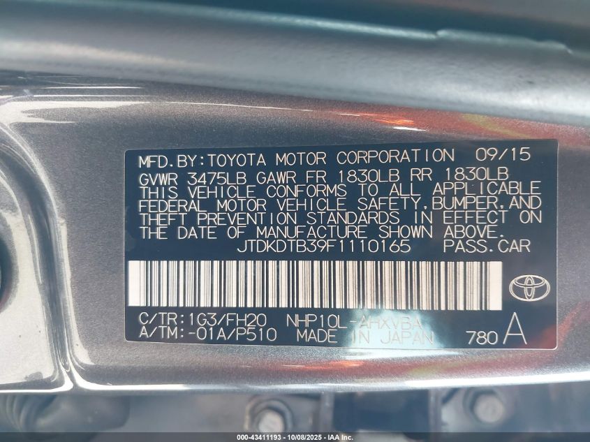 2015 Toyota Prius C One VIN: JTDKDTB39F1110165 Lot: 43411193