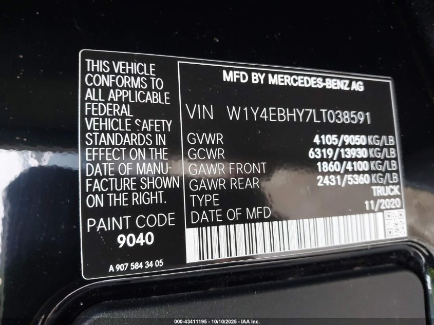 2020 Mercedes-Benz Sprinter 2500 Standard Roof V6 VIN: W1Y4EBHY7LT038591 Lot: 43411195