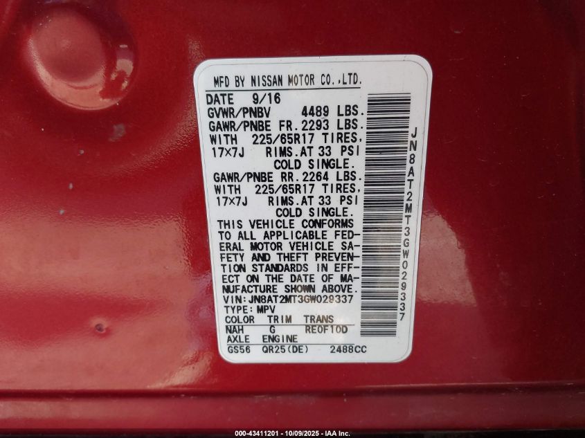 2016 Nissan Rogue S VIN: JN8AT2MT3GW029337 Lot: 43411201