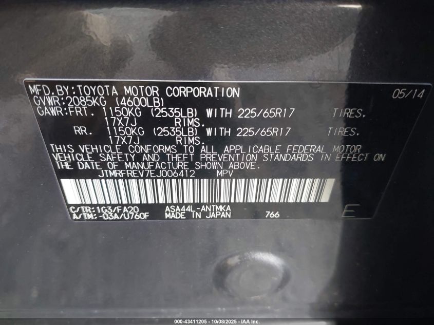 2014 Toyota Rav4 Xle VIN: JTMRFREV7EJ006412 Lot: 43411205