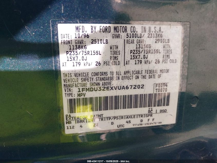 1997 Ford Explorer Eddie Bauer/Limited/Xl/Xlt VIN: 1FMDU32EXVUA67202 Lot: 43411217