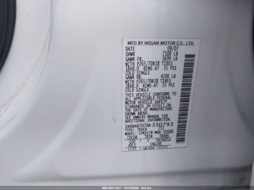 2008 Nissan Titan Se VIN: 1N6BA07D78N330793 Lot: 43411227