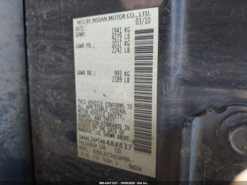 2010 Nissan Altima 2.5 S VIN: 1N4AL2AP5AN484437 Lot: 43411237