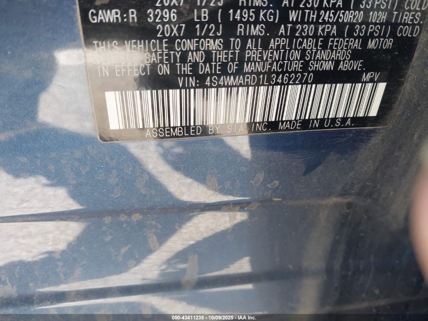 2020 Subaru Ascent Touring VIN: 4S4WMARD1L3462270 Lot: 43411238