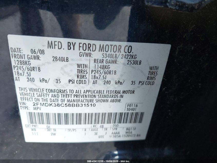 2008 Ford Edge Sel VIN: 2FMDK38C58BB31510 Lot: 43411239