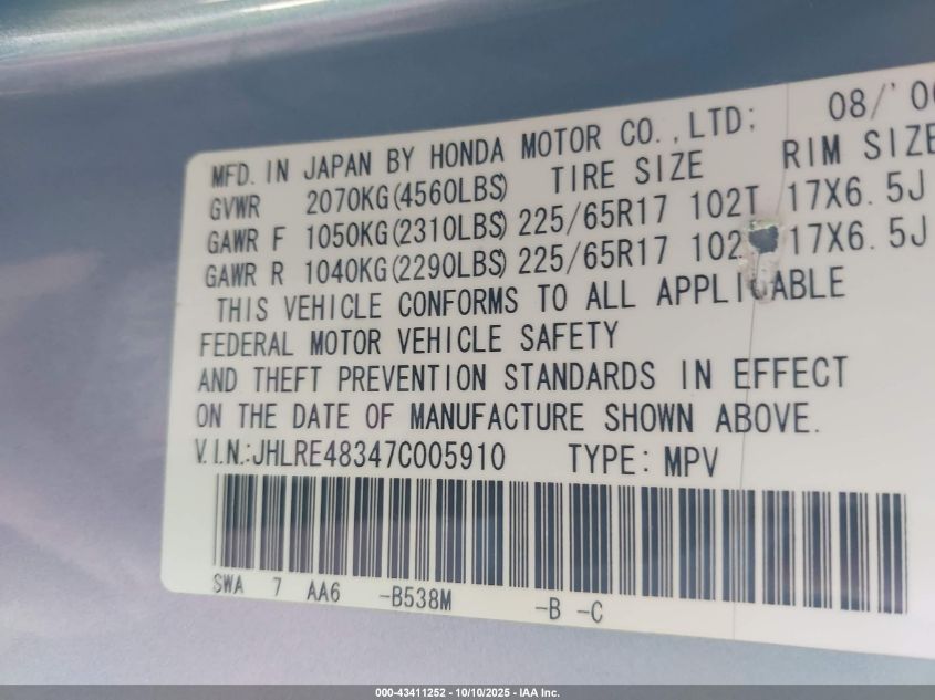 2007 Honda Cr-V Lx VIN: JHLRE48347C005910 Lot: 43411252