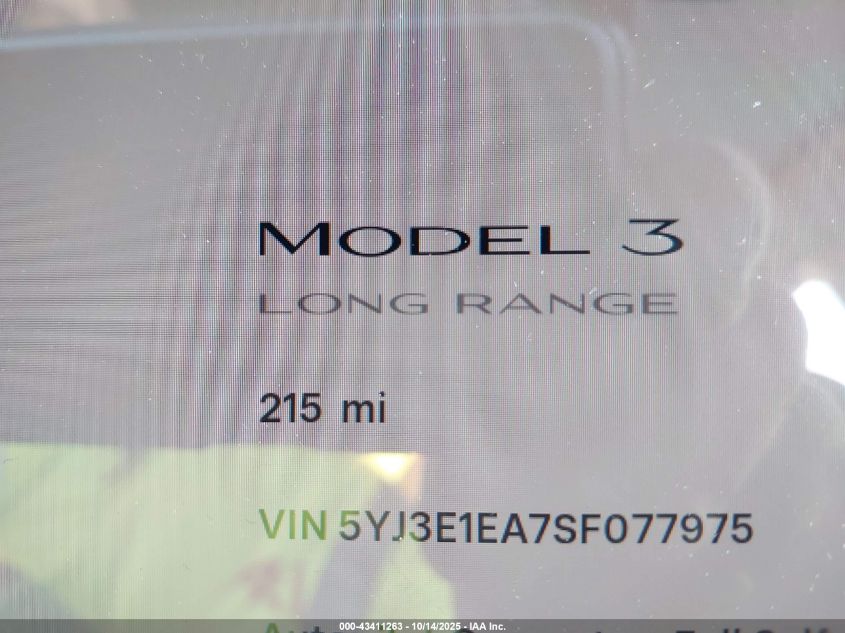 2025 Tesla Model 3 Long Range Rear-Wheel Drive VIN: 5YJ3E1EA7SF077975 Lot: 43411263