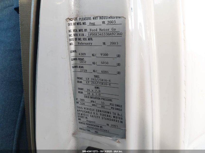 2003 Ford E-350 Super Duty Recreational VIN: 1FDSE34S33HA92360 Lot: 43411273