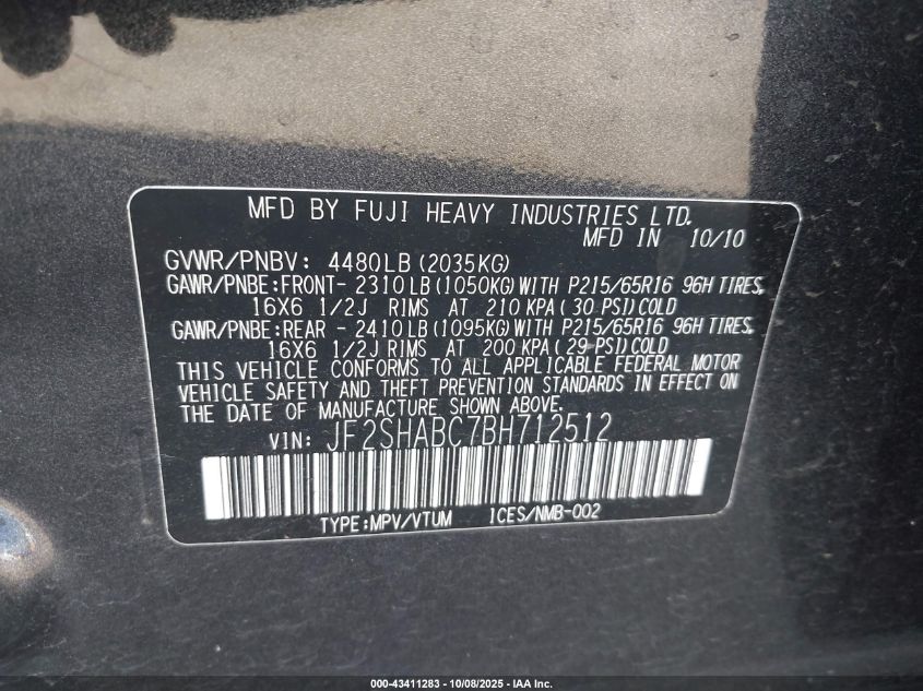 2011 Subaru Forester 2.5X VIN: JF2SHABC7BH712512 Lot: 43411283