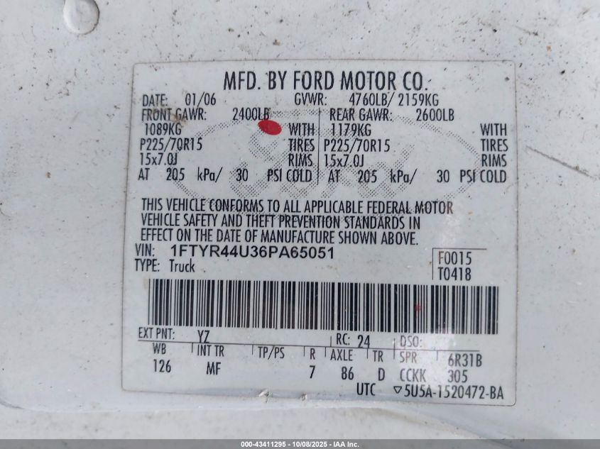 2006 Ford Ranger Sport/Stx/Xlt VIN: 1FTYR44U36PA65051 Lot: 43411295