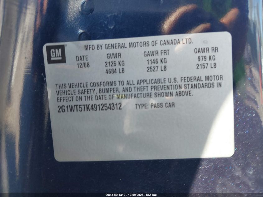 2009 Chevrolet Impala Lt VIN: 2G1WT57K491254312 Lot: 43411310