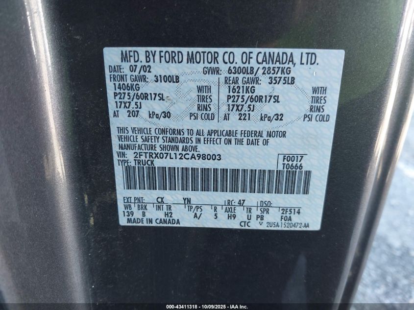 2002 Ford F-150 Lariat/Xl/Xlt VIN: 2FTRX07L12CA98003 Lot: 43411318