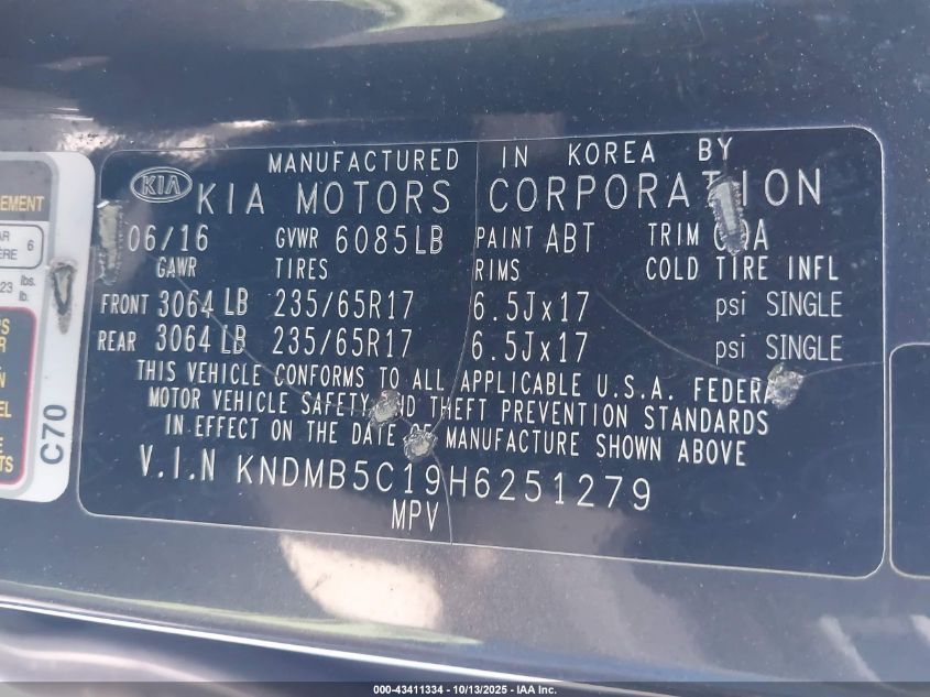 2017 Kia Sedona Lx VIN: KNDMB5C19H6251279 Lot: 43411334