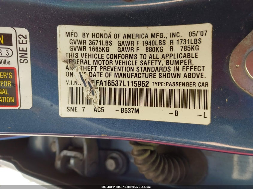 2007 Honda Civic Lx VIN: 1HGFA16537L115962 Lot: 43411335