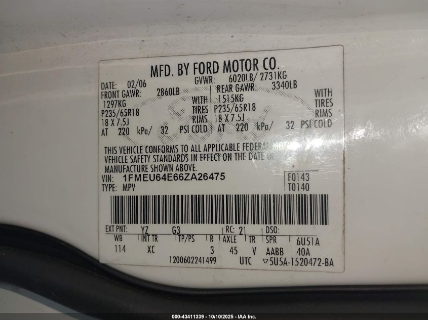 2006 Ford Explorer Eddie Bauer VIN: 1FMEU64E66ZA26475 Lot: 43411339