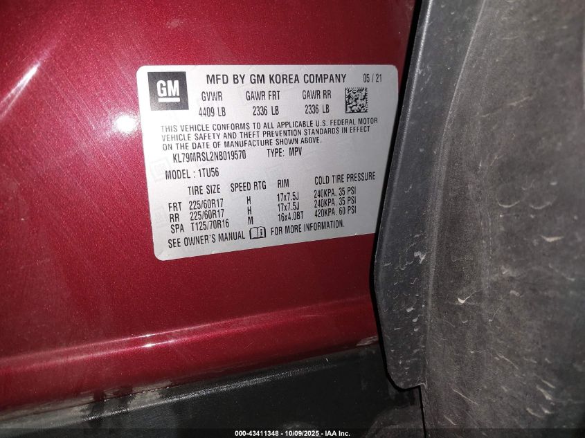 2022 Chevrolet Trailblazer Awd Lt VIN: KL79MRSL2NB019570 Lot: 43411348