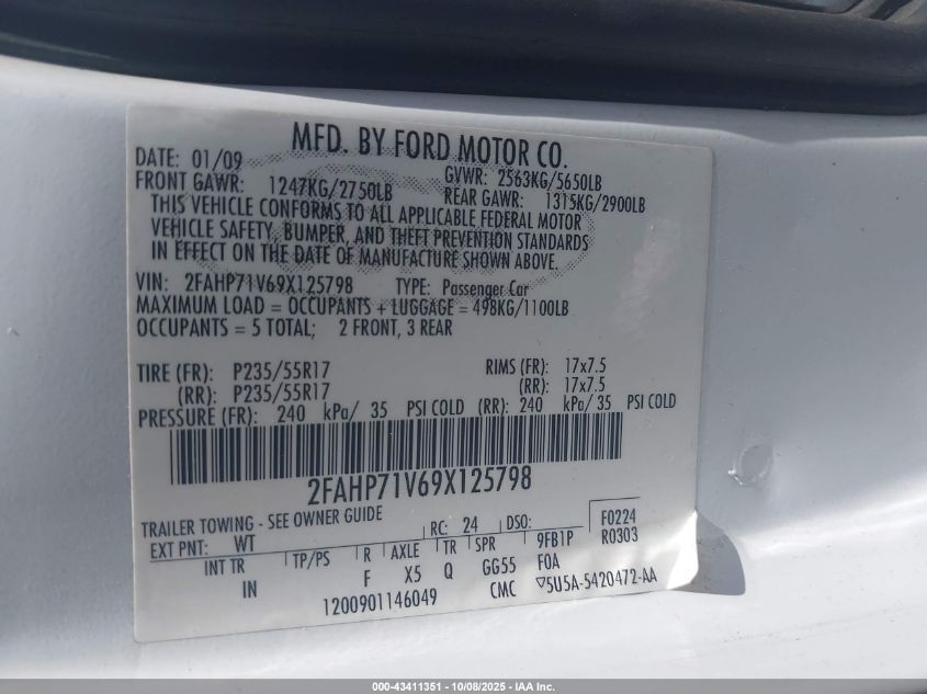 2009 Ford Crown Victoria Police/Police Interceptor/Police Interceptor W/3.55 Ls Axle (730A) VIN: 2FAHP71V69X125798 Lot: 43411351