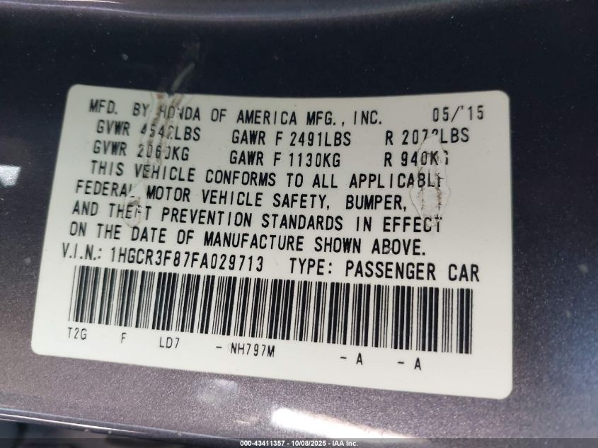 2015 Honda Accord Ex-L V-6 VIN: 1HGCR3F87FA029713 Lot: 43411357