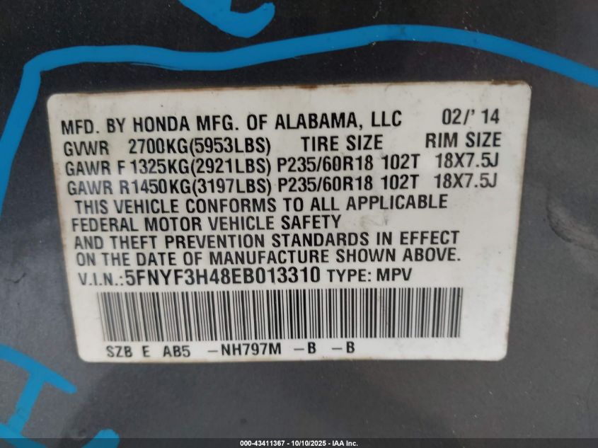 2014 Honda Pilot Ex VIN: 5FNYF3H48EB013310 Lot: 43411367