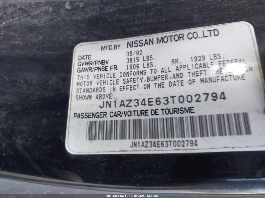 2003 Nissan 350Z Touring VIN: JN1AZ34E63T002794 Lot: 43411371