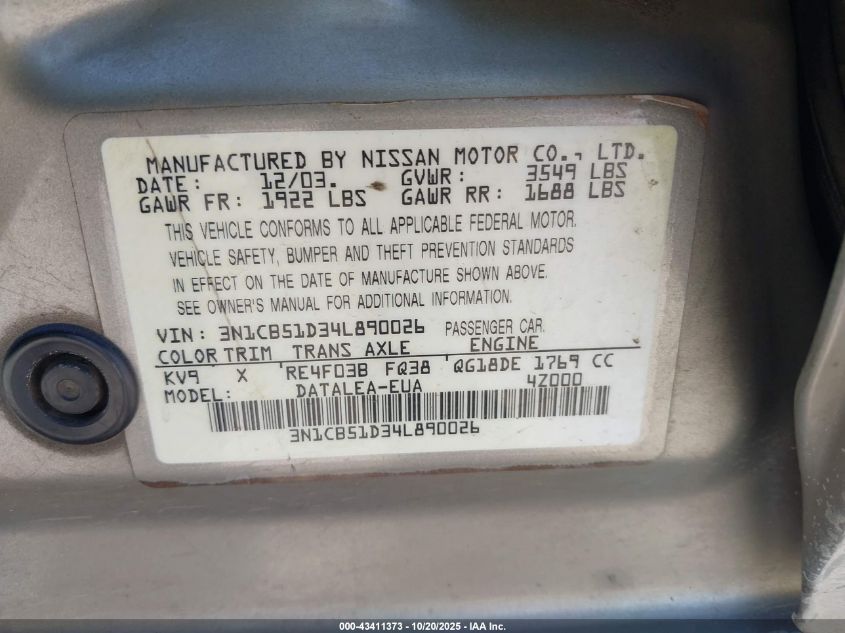 2004 Nissan Sentra 1.8S VIN: 3N1CB51D34L890026 Lot: 43411373