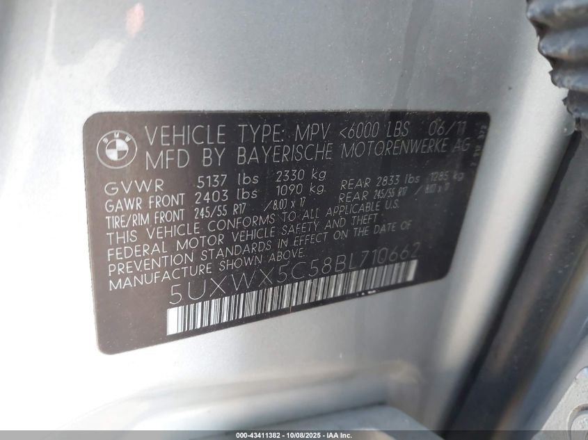 2011 BMW X3 xDrive28I VIN: 5UXWX5C58BL710662 Lot: 43411382