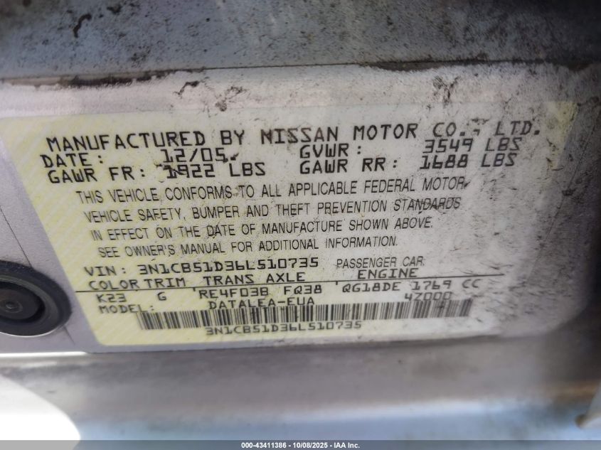 2006 Nissan Sentra 1.8S VIN: 3N1CB51D36L510735 Lot: 43411386