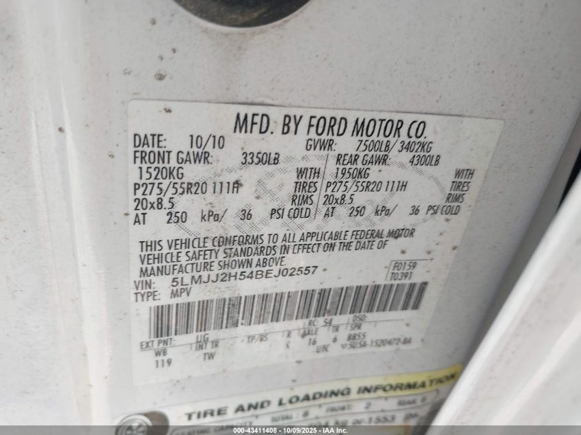 2011 Lincoln Navigator VIN: 5LMJJ2H54BEJ02557 Lot: 43411408