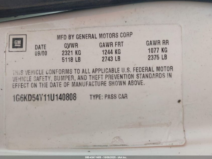 2001 Cadillac Deville Standard W/W20 VIN: 1G6KD54Y11U140808 Lot: 43411409